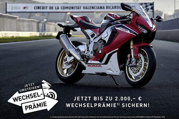 Honda Fireblade Wechselprämie 2018 - Jetzt bis zu 2.000 Euro Prämie sichern